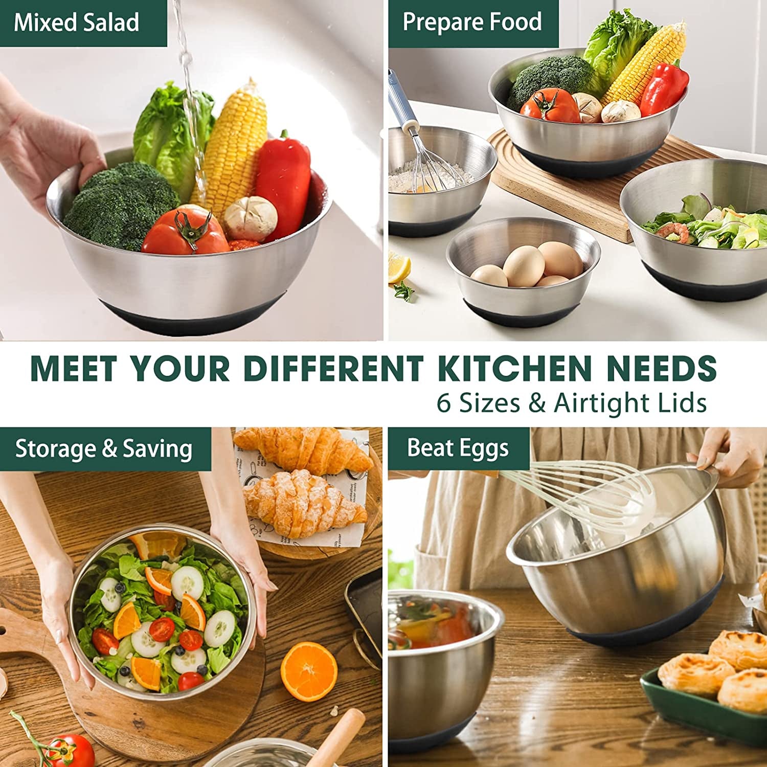 Versatile 6-Piece Mixing Bowl Set with Airtight Lids - Durable Stainless Steel Storage Bowls in Black for Effortless Mixing and Serving