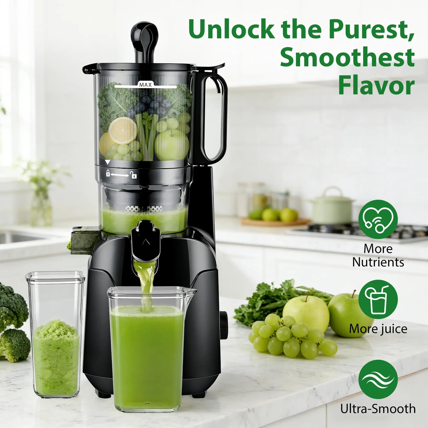 SUSTEAS Cold Press Juicer - Effortless Juice Extraction with 5.8'' Feed Slot, Easy Clean Design, and High Juice Yield - Perfect for Soft & Hard Fruits!
