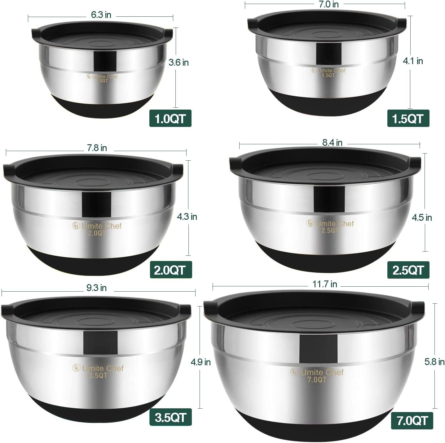 Versatile 6-Piece Mixing Bowl Set with Airtight Lids - Durable Stainless Steel Storage Bowls in Black for Effortless Mixing and Serving