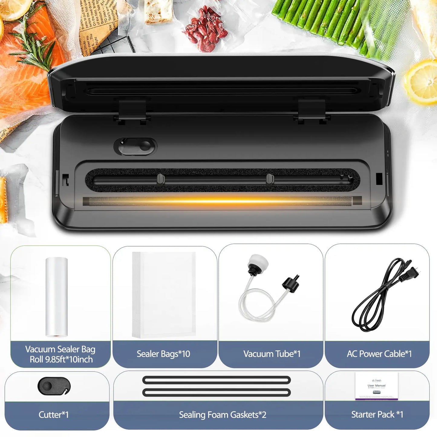 Dr.Fresh V20 Automatic Vacuum Sealer - Effortless Food Preservation with One-Touch Operation & Compact Design, Includes Bags & Roll for All Your Kitchen Needs