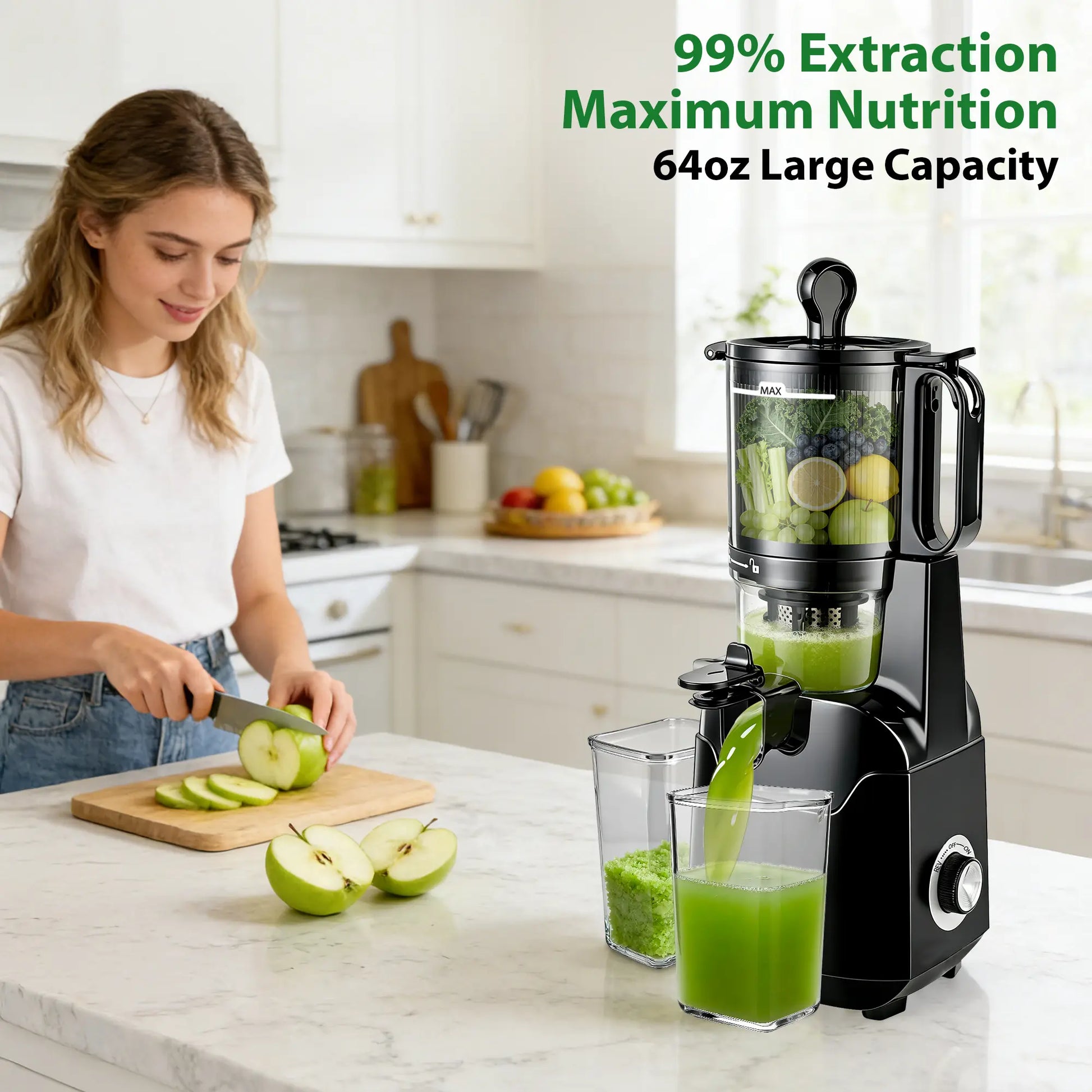 SUSTEAS Cold Press Juicer - Effortless Juice Extraction with 5.8'' Feed Slot, Easy Clean Design, and High Juice Yield - Perfect for Soft & Hard Fruits!