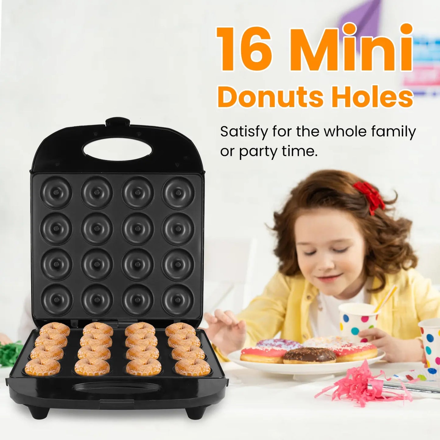 Mini Donut Maker Machine for Kids Snack Breakfast Desserts with 16 Doughnuts Holes Non Stick Coating Double-Side Heating Plates Overheating Protection,Summervibes