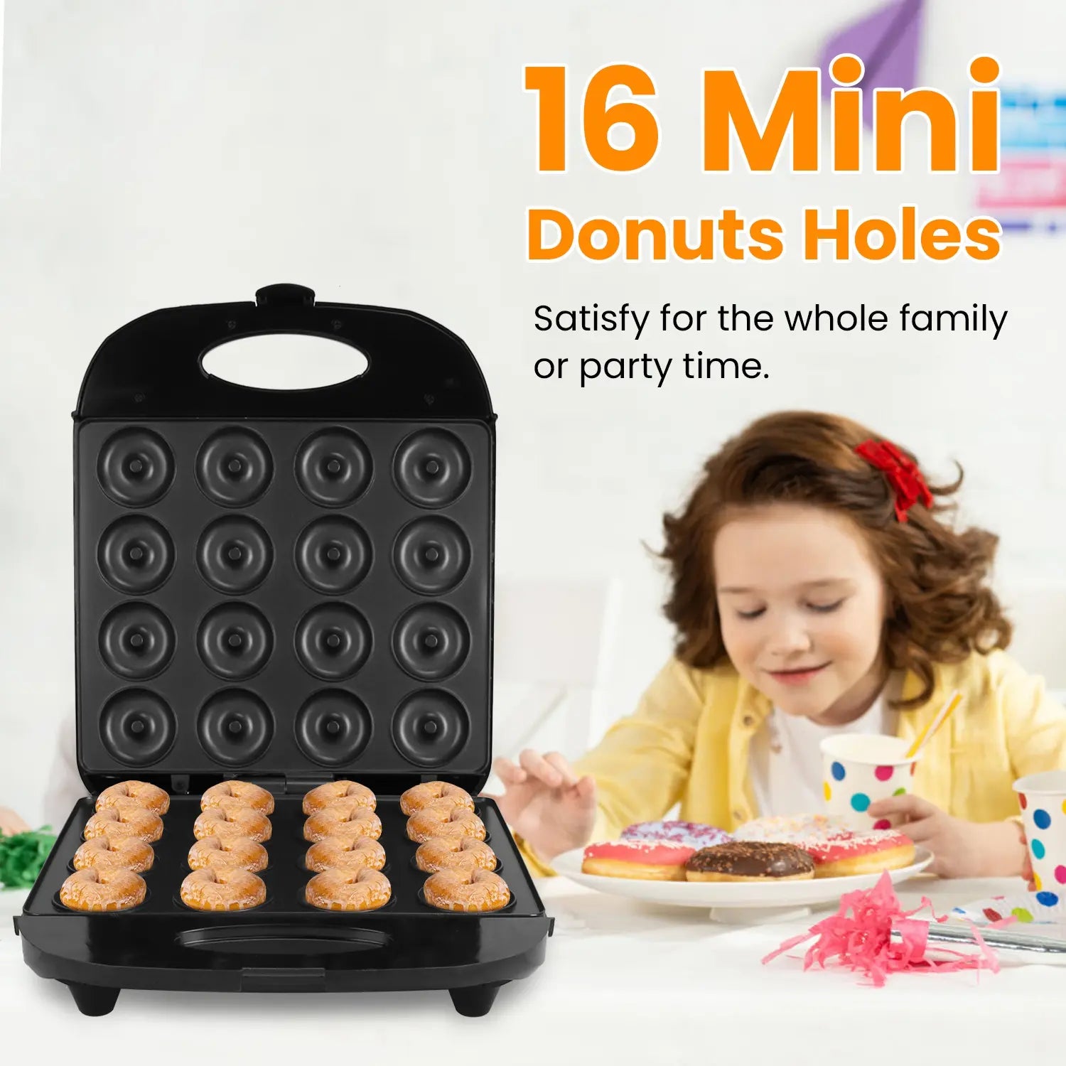 Mini Donut Maker Machine for Kids Snack Breakfast Desserts with 16 Doughnuts Holes Non Stick Coating Double-Side Heating Plates Overheating Protection,Summervibes