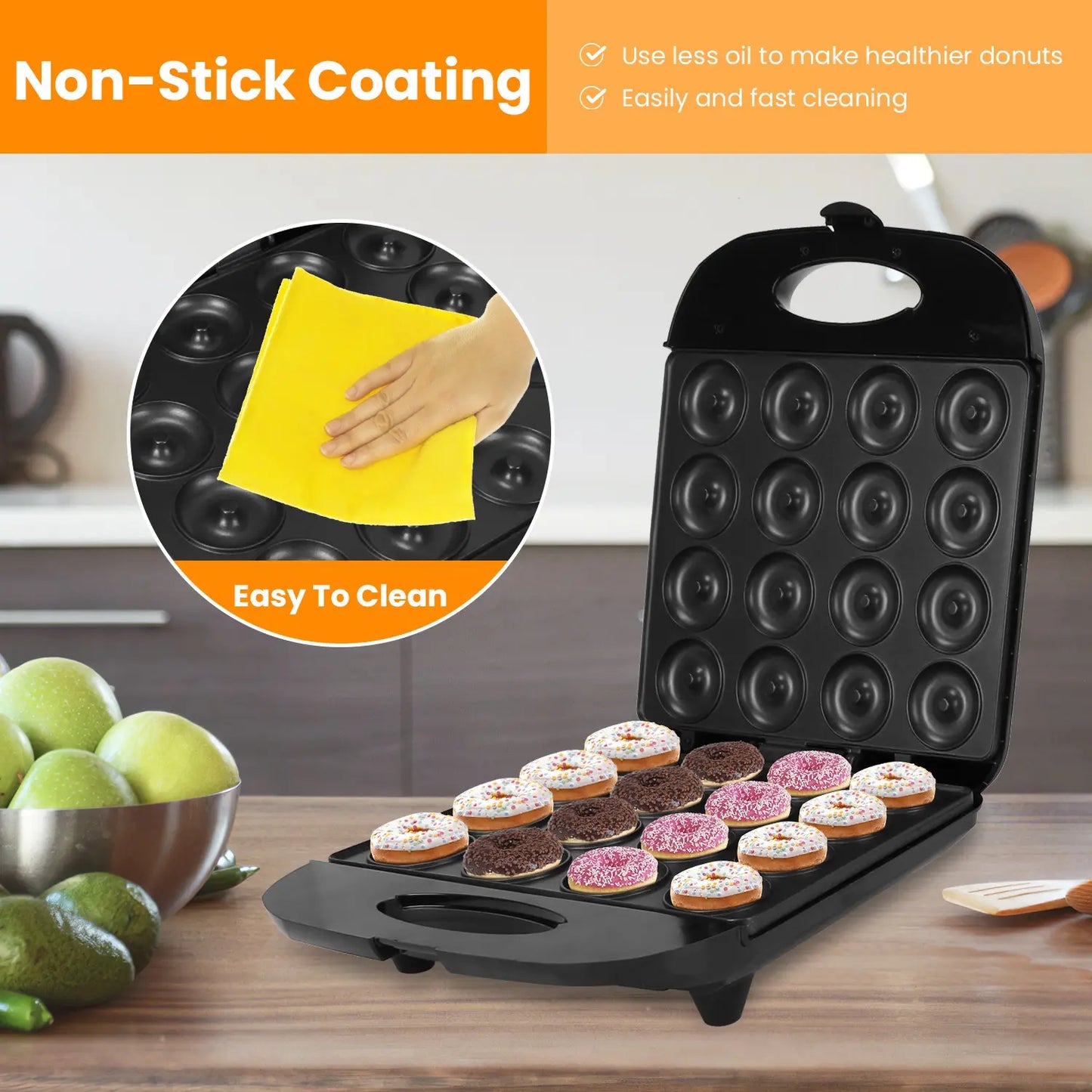 Mini Donut Maker Machine for Kids Snack Breakfast Desserts with 16 Doughnuts Holes Non Stick Coating Double-Side Heating Plates Overheating Protection,Summervibes