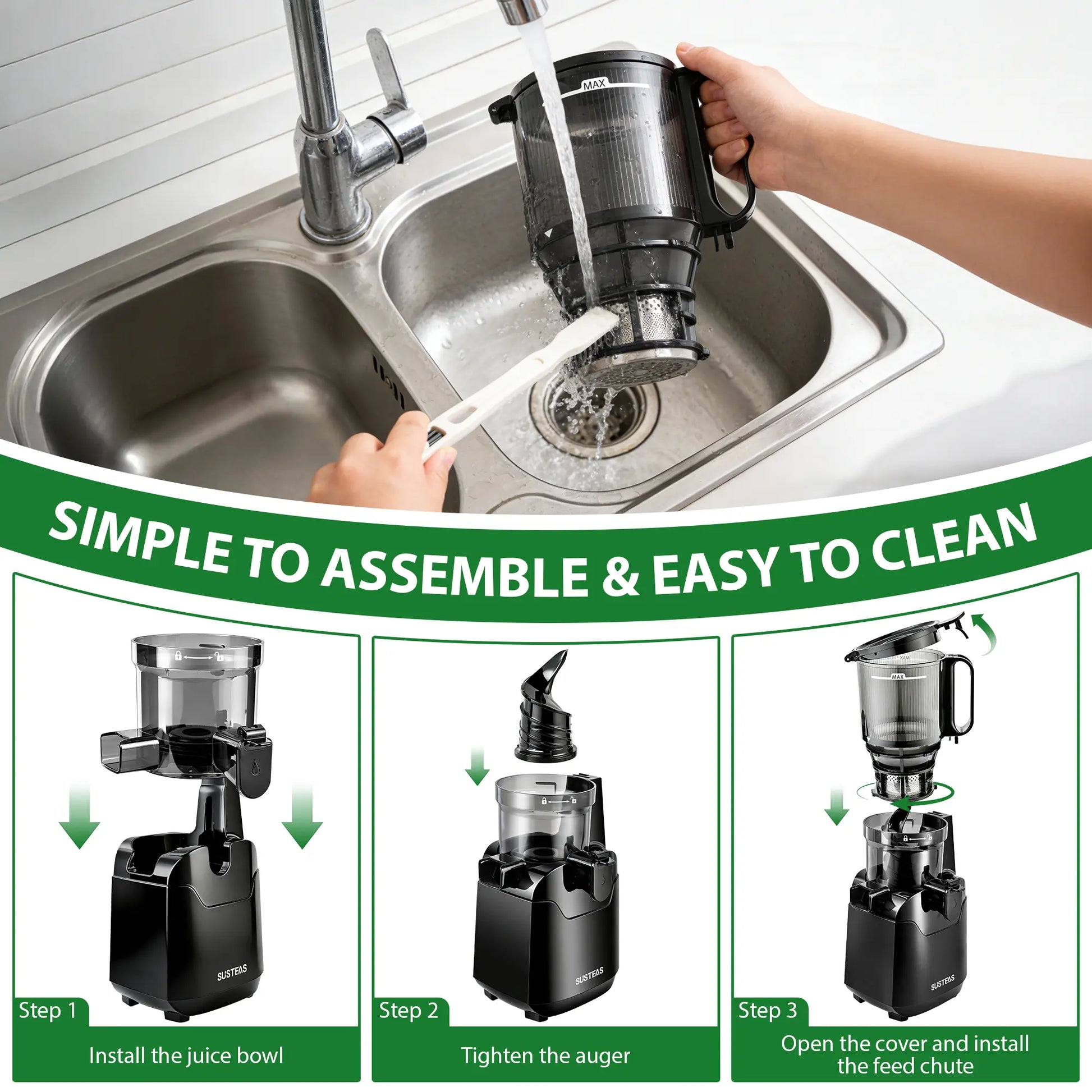 SUSTEAS Cold Press Juicer - Effortless Juice Extraction with 5.8'' Feed Slot, Easy Clean Design, and High Juice Yield - Perfect for Soft & Hard Fruits!