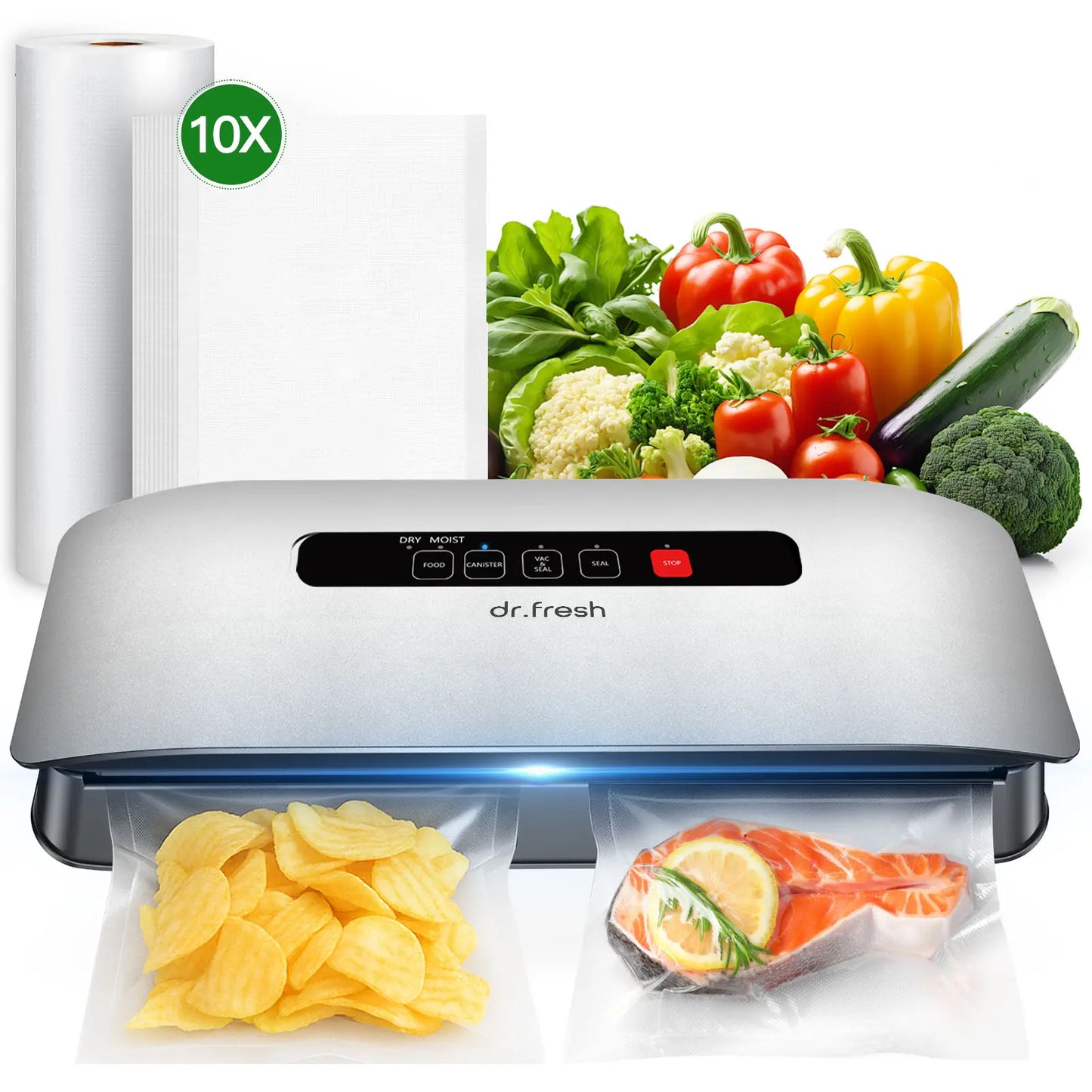 Dr.Fresh V20 Automatic Vacuum Sealer - Effortless Food Preservation with One-Touch Operation & Compact Design, Includes Bags & Roll for All Your Kitchen Needs