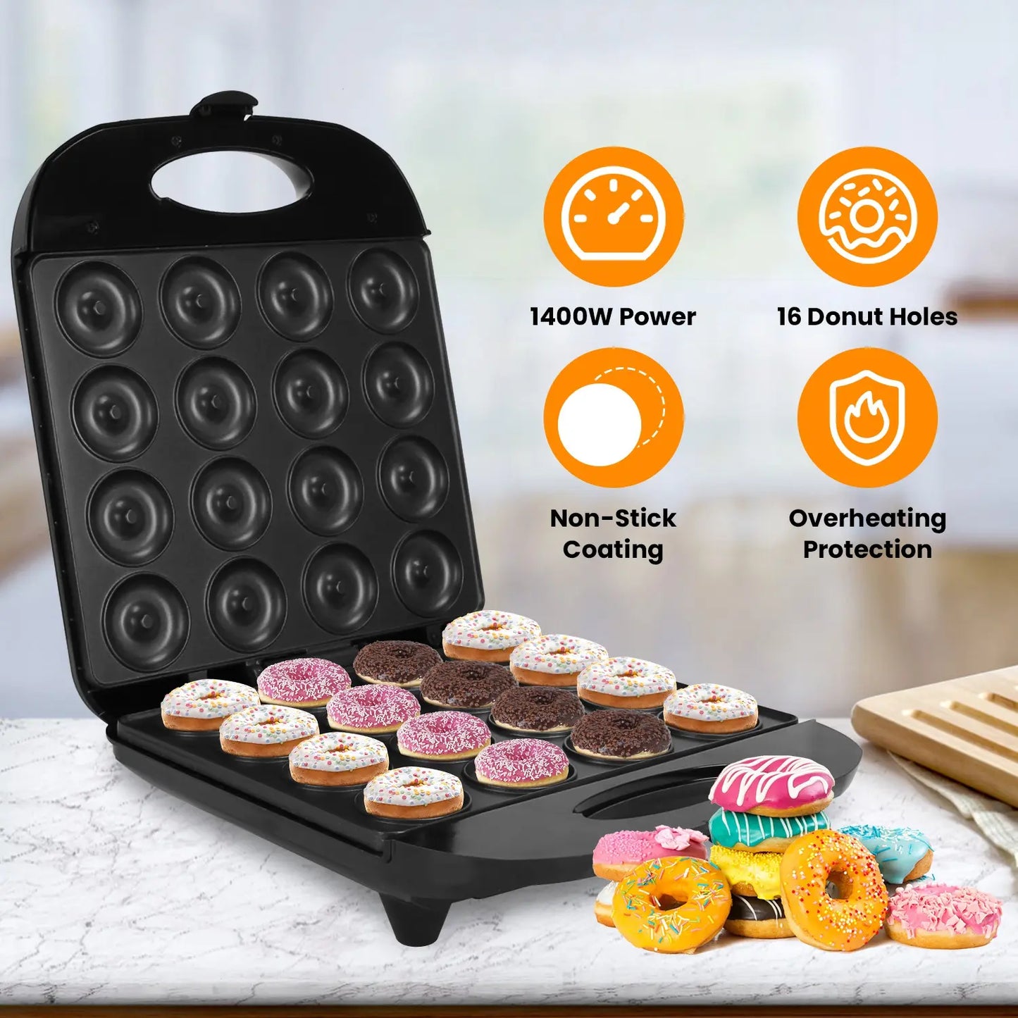 Mini Donut Maker Machine for Kids Snack Breakfast Desserts with 16 Doughnuts Holes Non Stick Coating Double-Side Heating Plates Overheating Protection,Summervibes