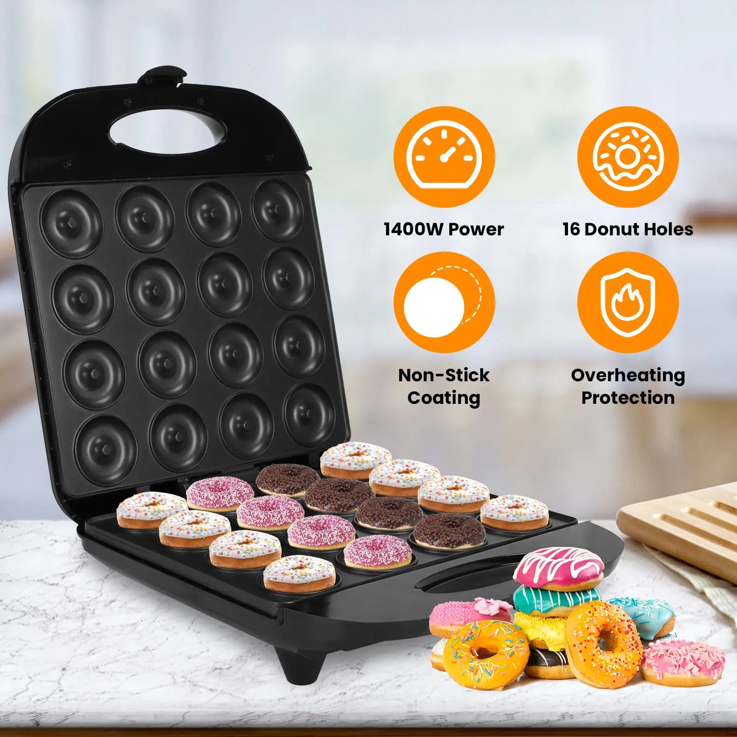 Mini Donut Maker Machine for Kids Snack Breakfast Desserts with 16 Doughnuts Holes Non Stick Coating Double-Side Heating Plates Overheating Protection,Summervibes