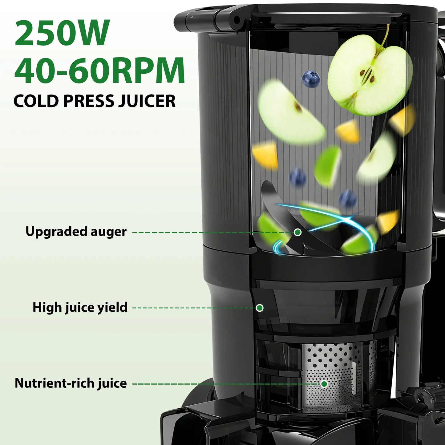 SUSTEAS Cold Press Juicer - Effortless Juice Extraction with 5.8'' Feed Slot, Easy Clean Design, and High Juice Yield - Perfect for Soft & Hard Fruits!