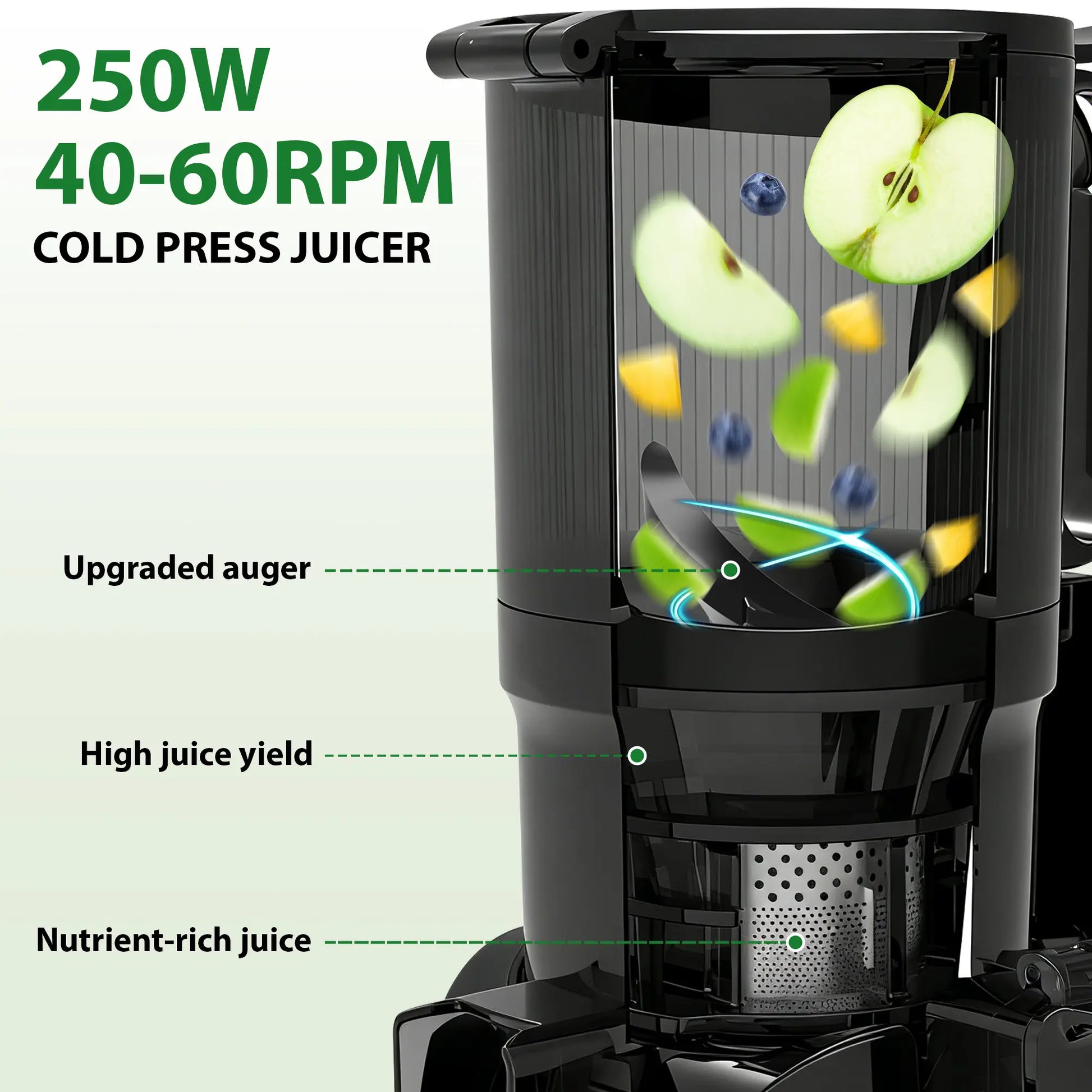 SUSTEAS Cold Press Juicer - Effortless Juice Extraction with 5.8'' Feed Slot, Easy Clean Design, and High Juice Yield - Perfect for Soft & Hard Fruits!