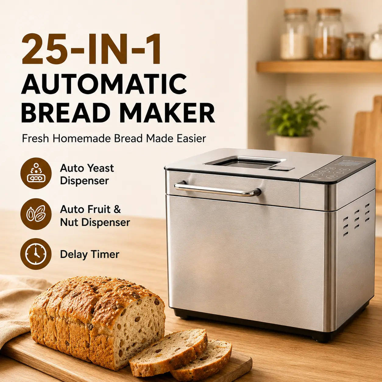 Ultimate 25-In-1 Programmable Bread Maker: Effortlessly Bake Fresh Bread with Automatic Yeast & Nut Dispenser, Delay Timer & 3 Crust Settings