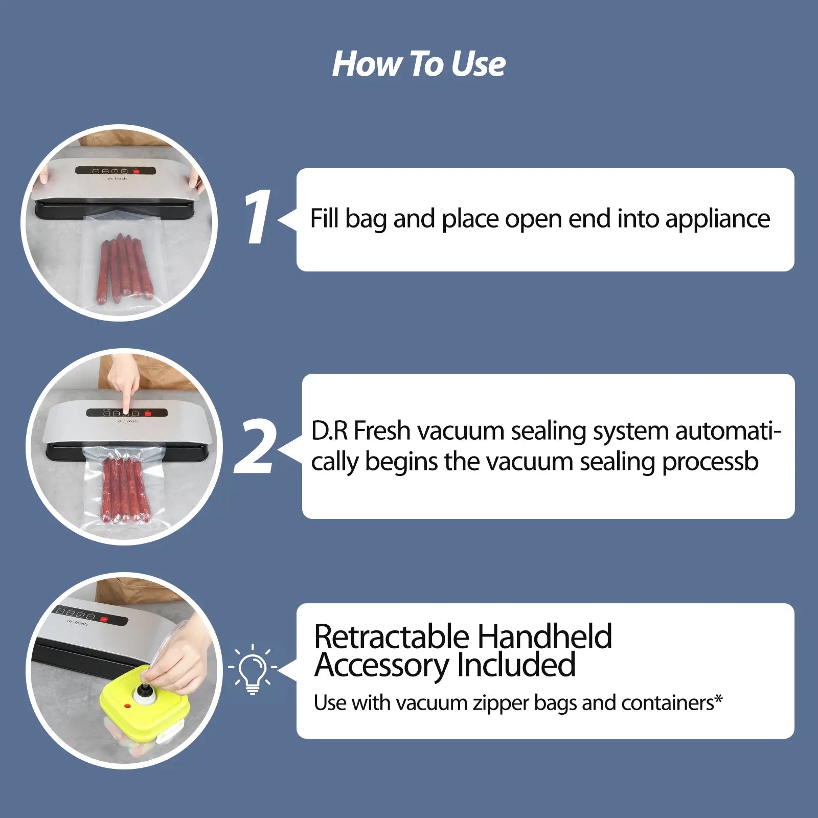 Dr.Fresh V20 Automatic Vacuum Sealer - Effortless Food Preservation with One-Touch Operation & Compact Design, Includes Bags & Roll for All Your Kitchen Needs