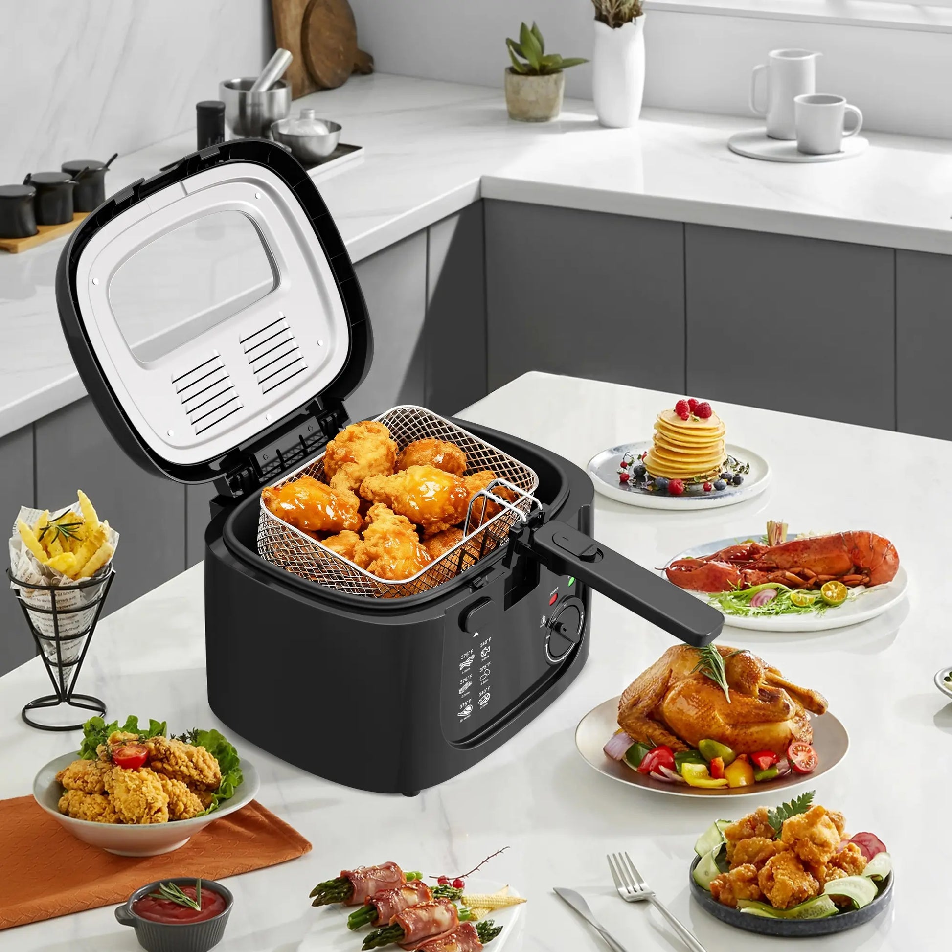 Experience Perfectly Crispy Fried Favorites with the KEINVE 1500W Electric Deep Fryer - Adjustable Temperature Control, 2.5L Non-Stick Basket, and Space-Saving Design!