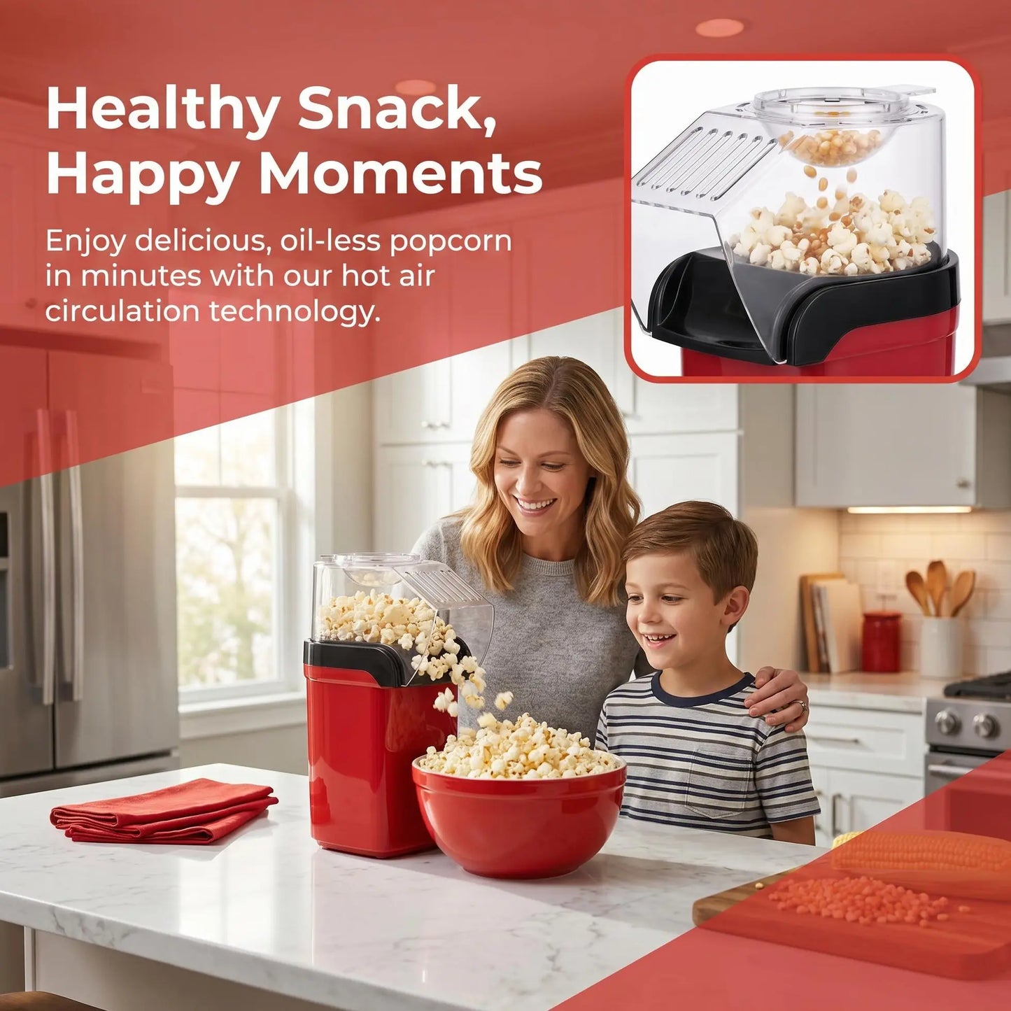 Effortless Oil-Free Popcorn Maker - Quick & Healthy Snack Solution for Family Fun!