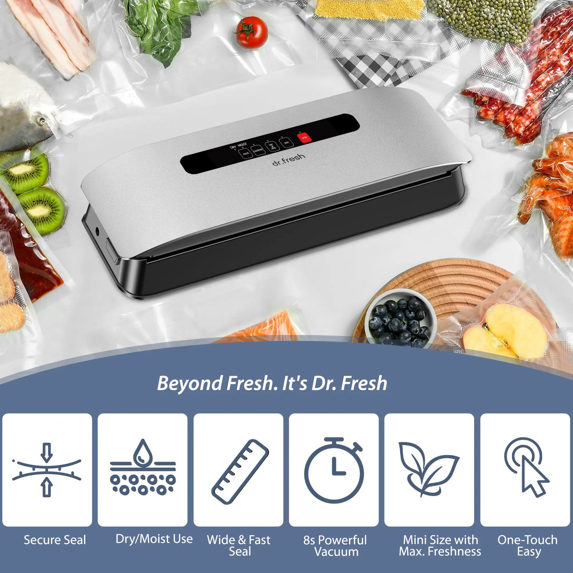 Dr.Fresh V20 Automatic Vacuum Sealer - Effortless Food Preservation with One-Touch Operation & Compact Design, Includes Bags & Roll for All Your Kitchen Needs