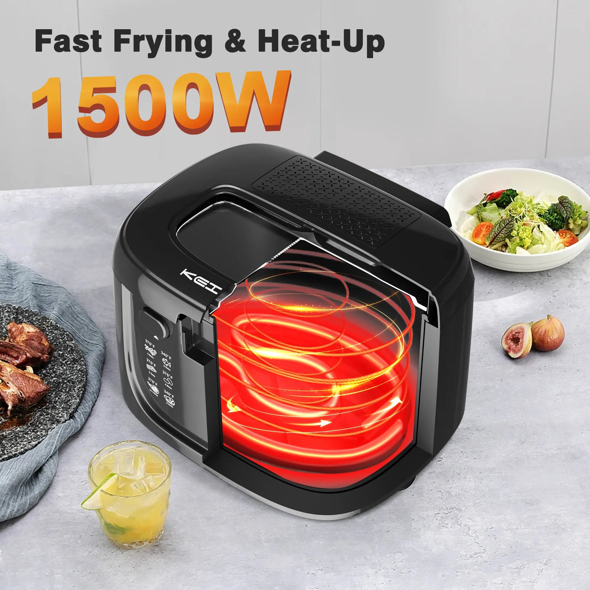 Experience Perfectly Crispy Fried Favorites with the KEINVE 1500W Electric Deep Fryer - Adjustable Temperature Control, 2.5L Non-Stick Basket, and Space-Saving Design!