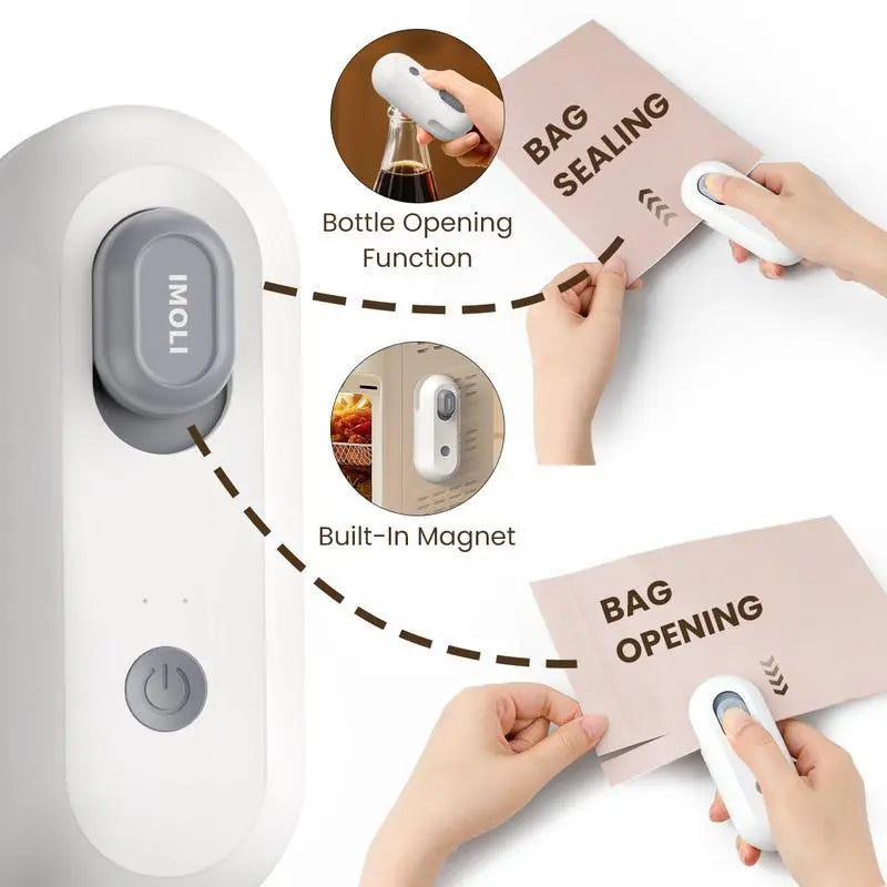 Revolutionary 4-in-1 Mini Heat Sealer: USB Rechargeable Snack Sealer, Built-In Cutter, Magnetic Design & Beer Bottle Opener for Effortless Food Storage