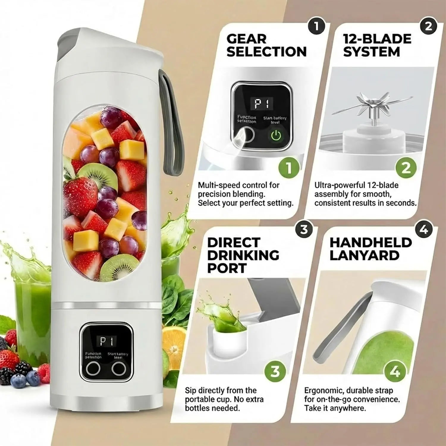 Portable Personal Electric Blender, 450 Ml Smoothie and Ice Shake Blender, 12 Blades, USB Rechargeable Mini Blender; Drink Container: Water Bottle, Travel Cup, Washable, Reusable, Compact and Convenient, Multifunctional—Father’S Day Gift