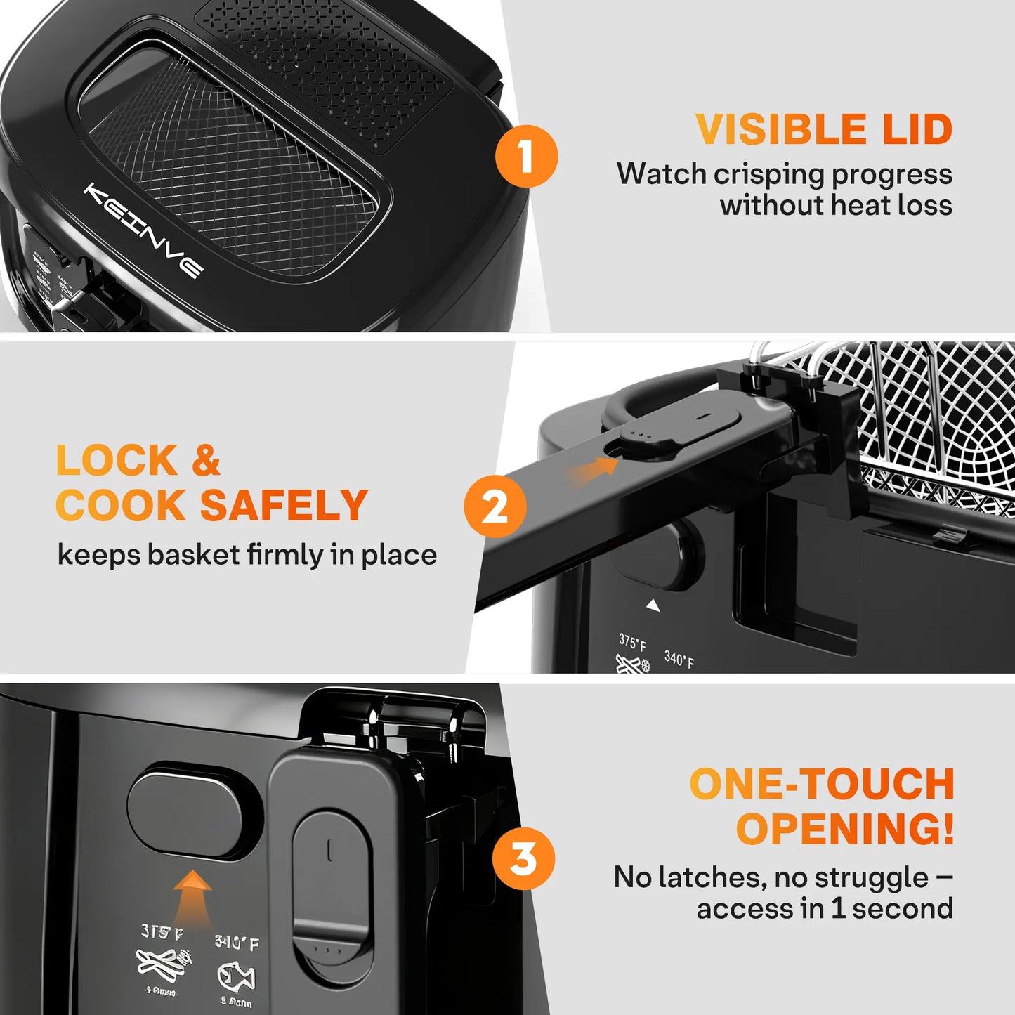 Experience Perfectly Crispy Fried Favorites with the KEINVE 1500W Electric Deep Fryer - Adjustable Temperature Control, 2.5L Non-Stick Basket, and Space-Saving Design!