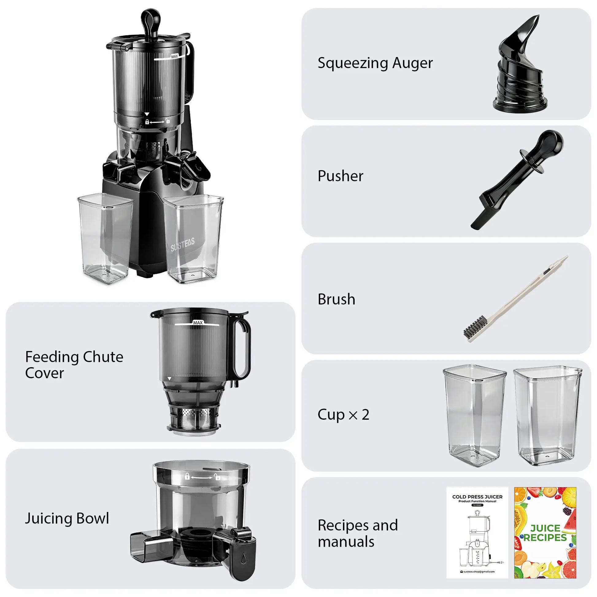 SUSTEAS Cold Press Juicer - Effortless Juice Extraction with 5.8'' Feed Slot, Easy Clean Design, and High Juice Yield - Perfect for Soft & Hard Fruits!