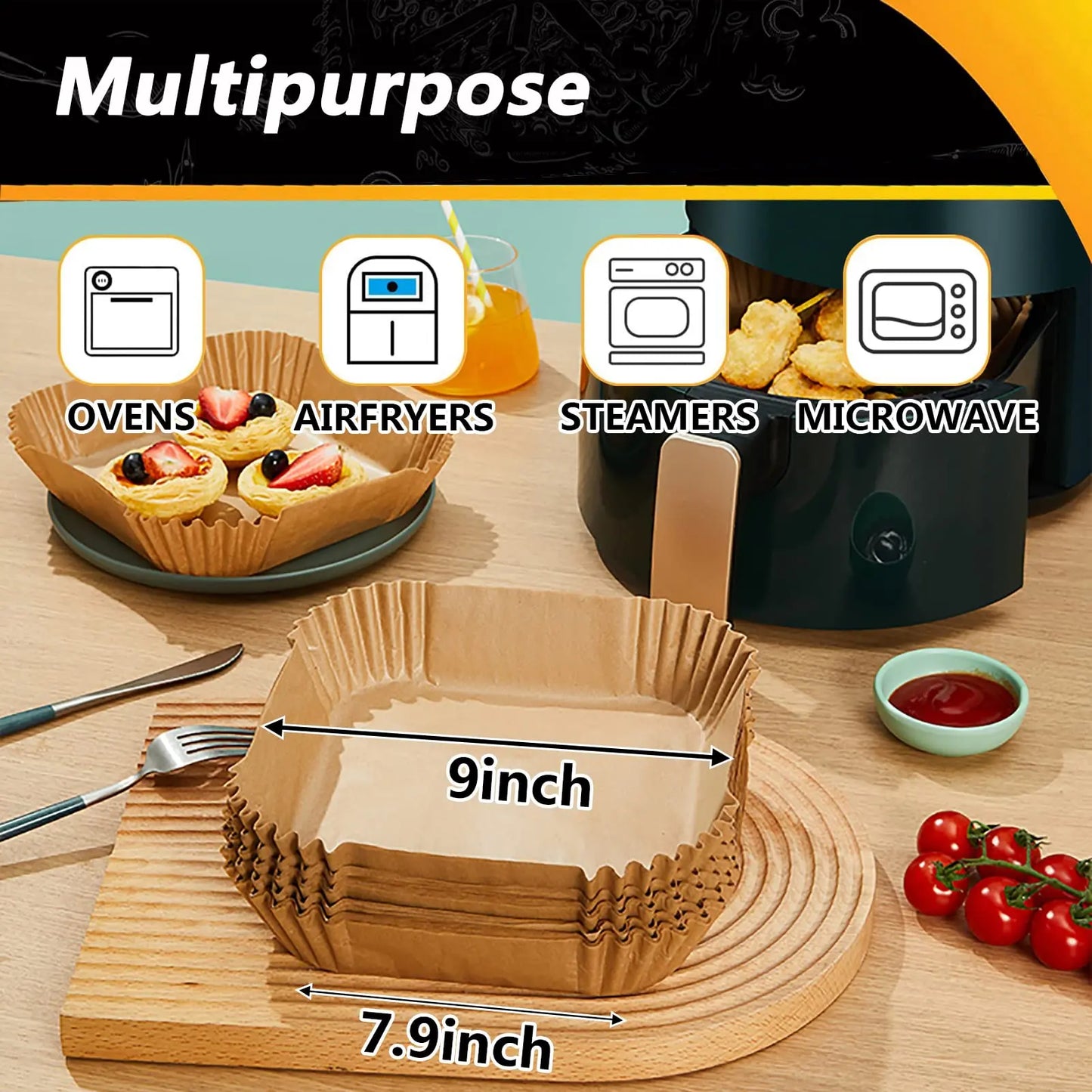 100Pcs Non-Stick Parchment Paper Liners for Air Fryers - Perfect for Baking, Frying, and Steaming (6.7IN)