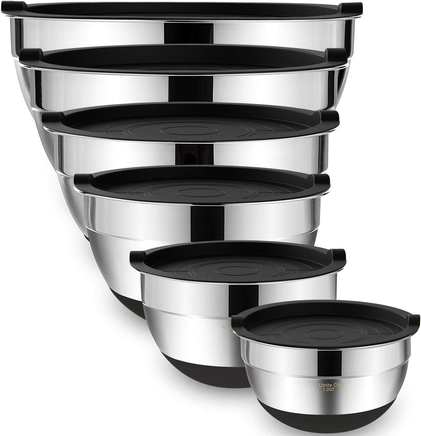 Versatile 6-Piece Mixing Bowl Set with Airtight Lids - Durable Stainless Steel Storage Bowls in Black for Effortless Mixing and Serving