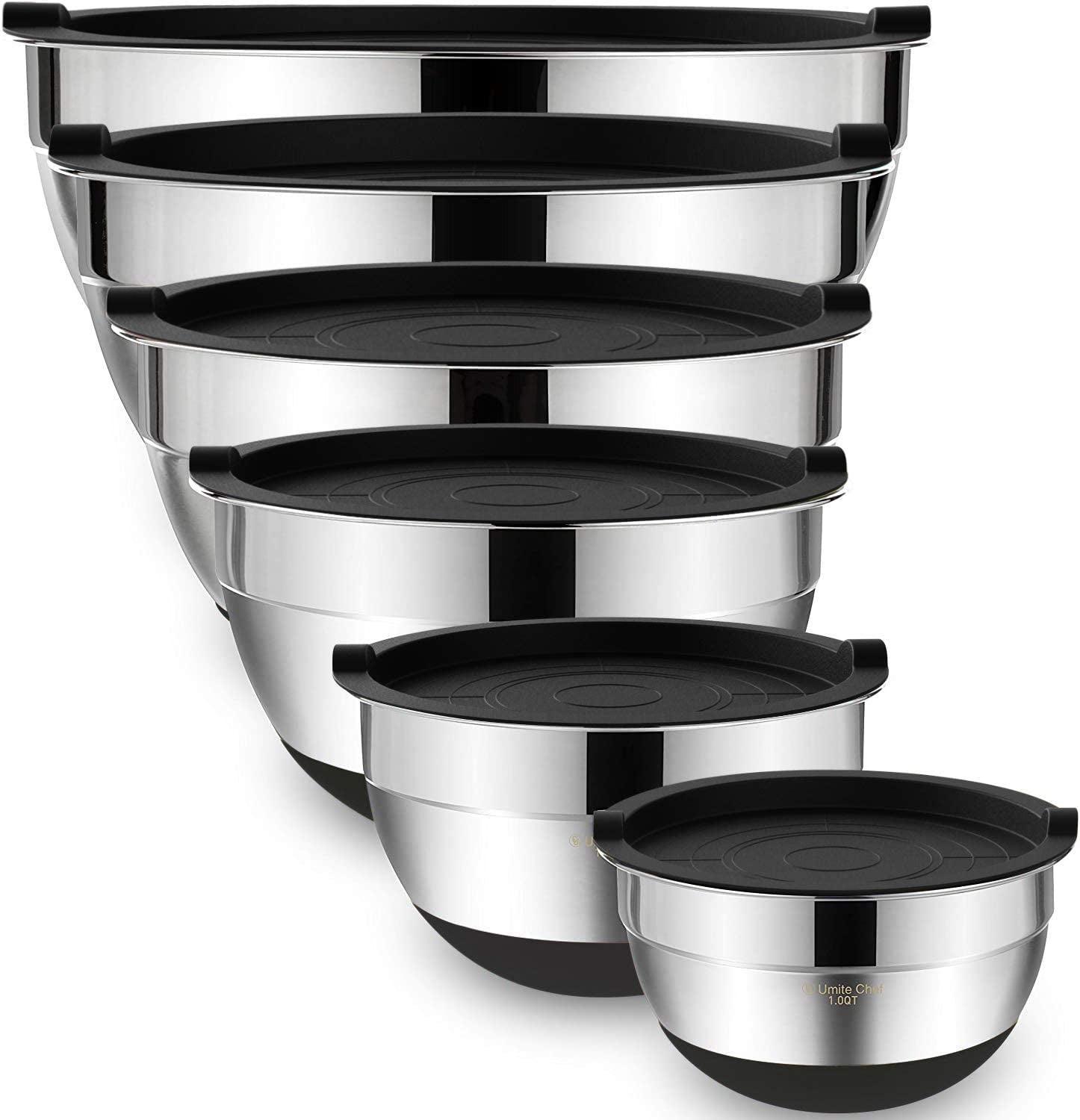 Versatile 6-Piece Mixing Bowl Set with Airtight Lids - Durable Stainless Steel Storage Bowls in Black for Effortless Mixing and Serving