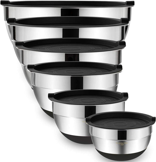 Versatile 6-Piece Mixing Bowl Set with Airtight Lids - Durable Stainless Steel Storage Bowls in Black for Effortless Mixing and Serving
