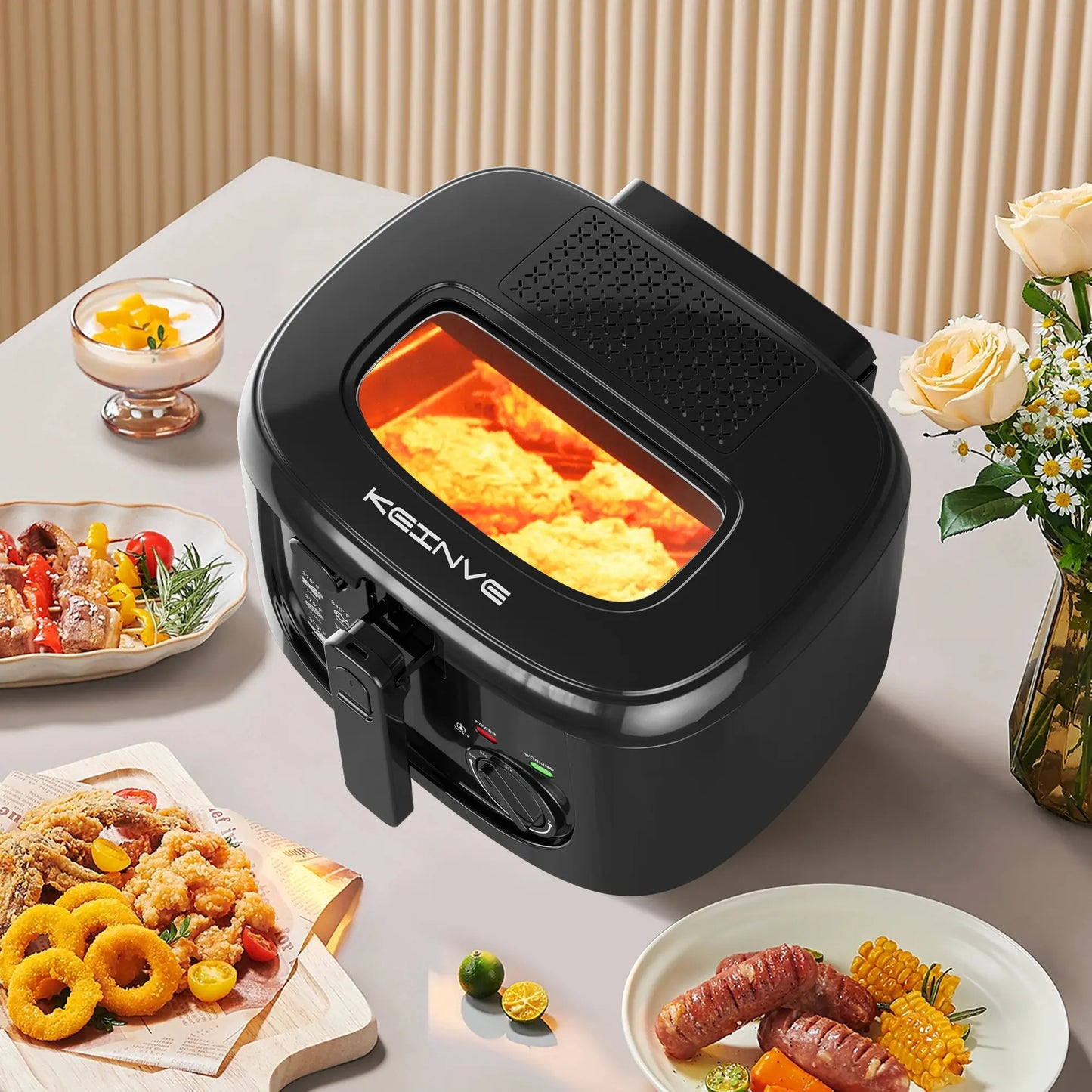 Experience Perfectly Crispy Fried Favorites with the KEINVE 1500W Electric Deep Fryer - Adjustable Temperature Control, 2.5L Non-Stick Basket, and Space-Saving Design!