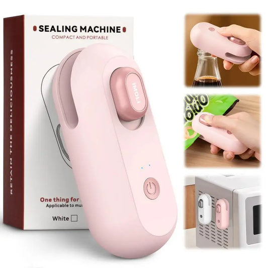 Revolutionary 4-in-1 Mini Heat Sealer: USB Rechargeable Snack Sealer, Built-In Cutter, Magnetic Design & Beer Bottle Opener for Effortless Food Storage