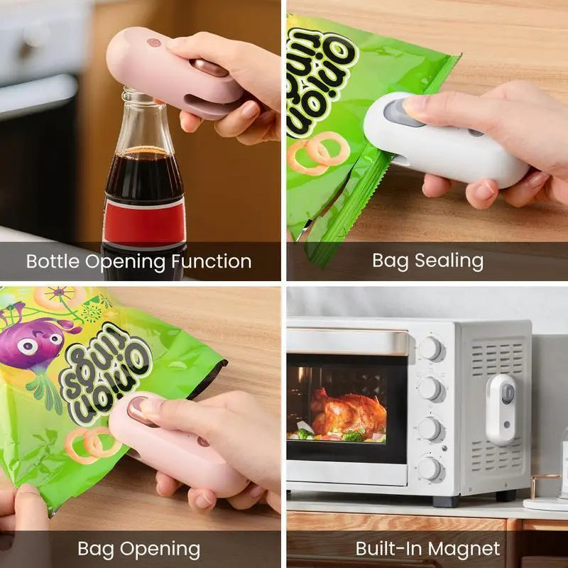 Revolutionary 4-in-1 Mini Heat Sealer: USB Rechargeable Snack Sealer, Built-In Cutter, Magnetic Design & Beer Bottle Opener for Effortless Food Storage