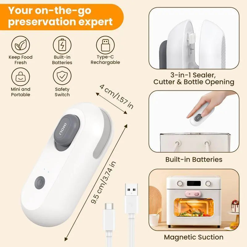 Revolutionary 4-in-1 Mini Heat Sealer: USB Rechargeable Snack Sealer, Built-In Cutter, Magnetic Design & Beer Bottle Opener for Effortless Food Storage