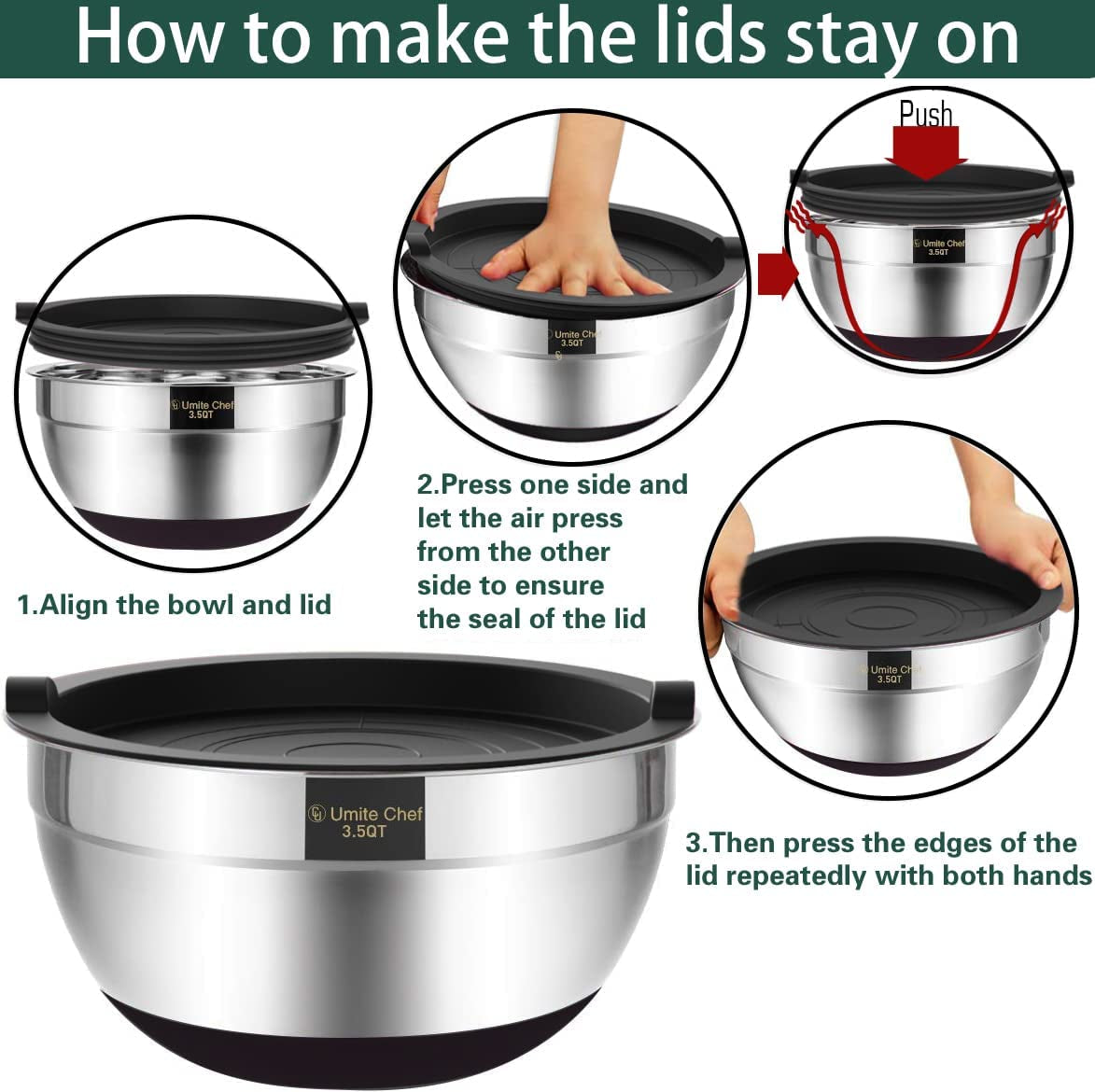 Versatile 6-Piece Mixing Bowl Set with Airtight Lids - Durable Stainless Steel Storage Bowls in Black for Effortless Mixing and Serving