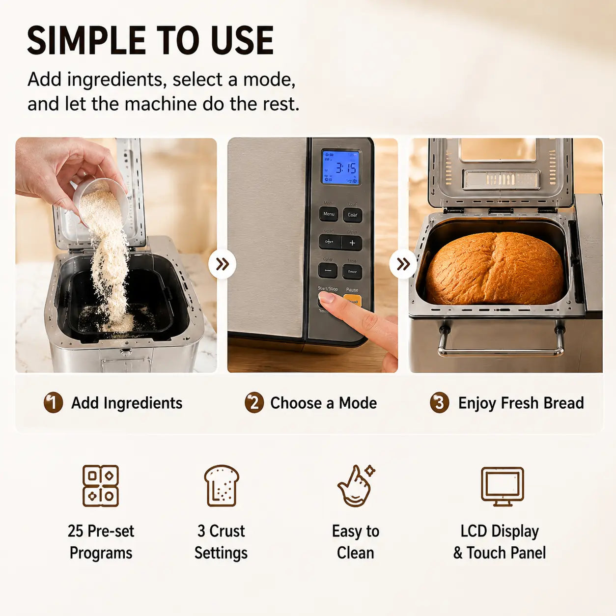 Ultimate 25-In-1 Programmable Bread Maker: Effortlessly Bake Fresh Bread with Automatic Yeast & Nut Dispenser, Delay Timer & 3 Crust Settings