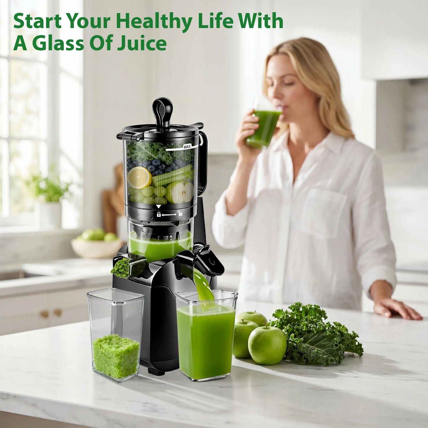 SUSTEAS Cold Press Juicer - Effortless Juice Extraction with 5.8'' Feed Slot, Easy Clean Design, and High Juice Yield - Perfect for Soft & Hard Fruits!