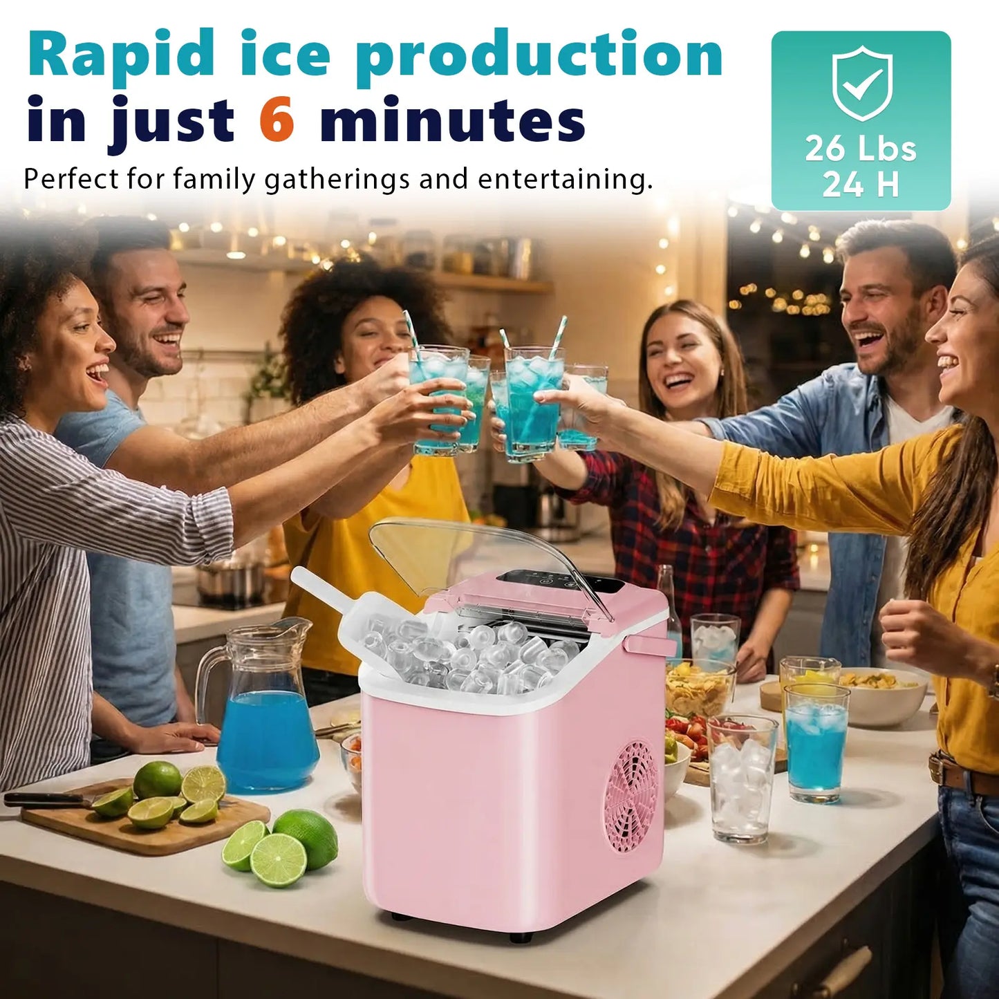 Sweetcrispy Portable Countertop Ice Maker - Create 9 Ice Cubes in 6 Minutes, 26Lbs Daily Capacity, Auto-Cleaning & Quiet Operation, Perfect for Home, RV, or Parties!