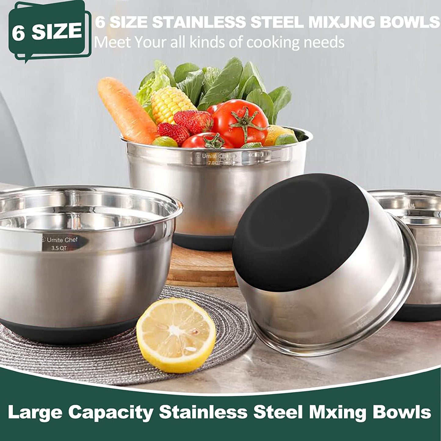 Versatile 6-Piece Mixing Bowl Set with Airtight Lids - Durable Stainless Steel Storage Bowls in Black for Effortless Mixing and Serving