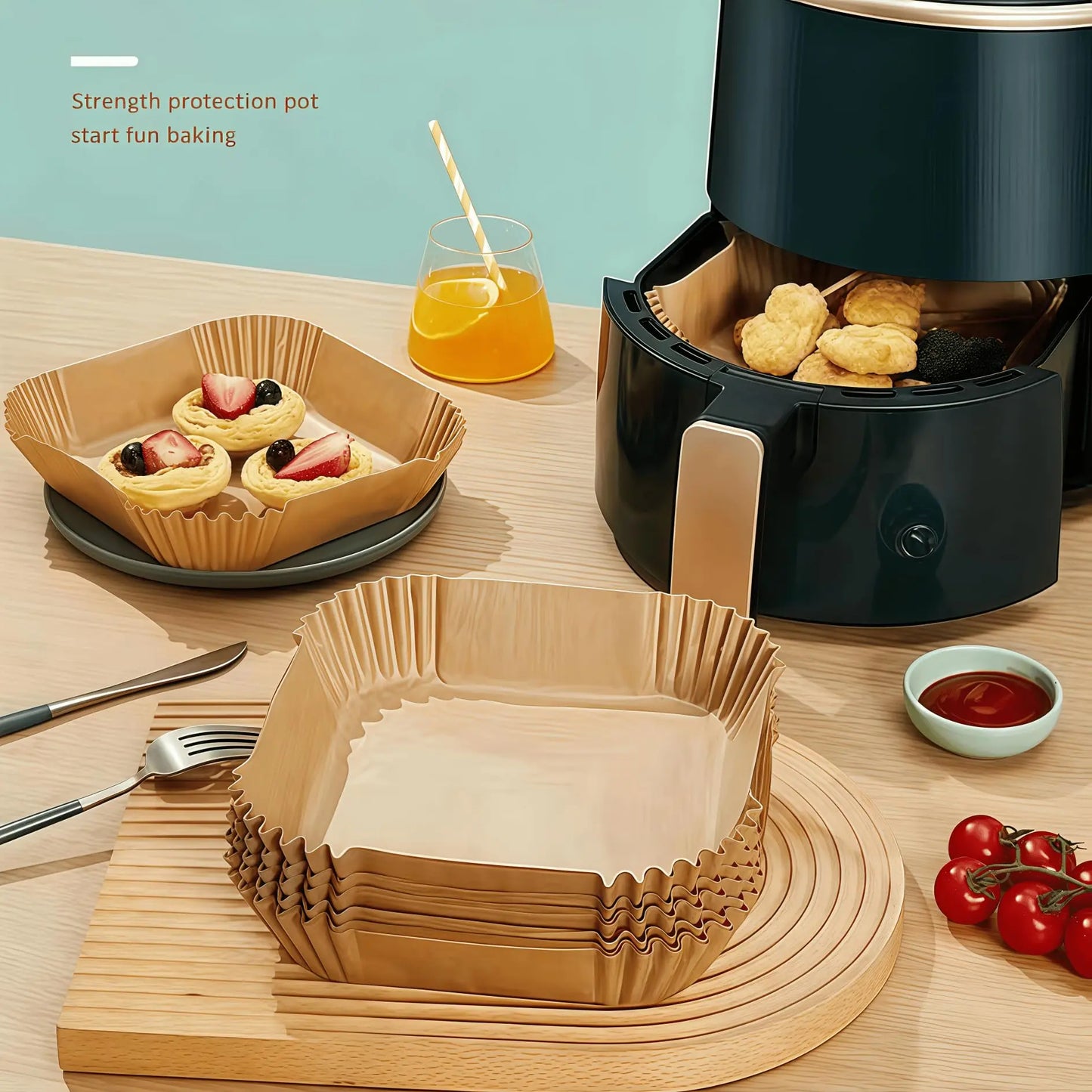 Air Fryer Paper Liners, 100Pcs Parchment Paper, Air Fryer Liners Disposable for Microwave, Non-Stick Air Fryer Liner Square Free of Bleach (6.3IN)